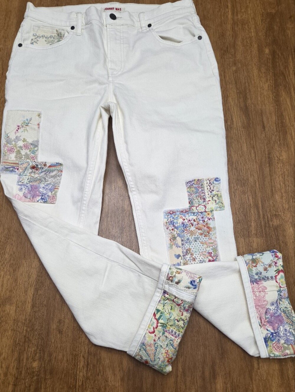 JOHNNY WAS Straight Leg Jeans with Floral Patchwork The Cuffed Cropped Boyfriend